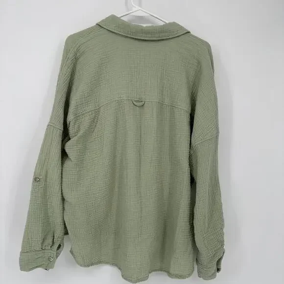Be Cool Womens M/L Sage Green Gauze Cotton Button Front Roll Tab Oversized Top - Picture 11 of 12